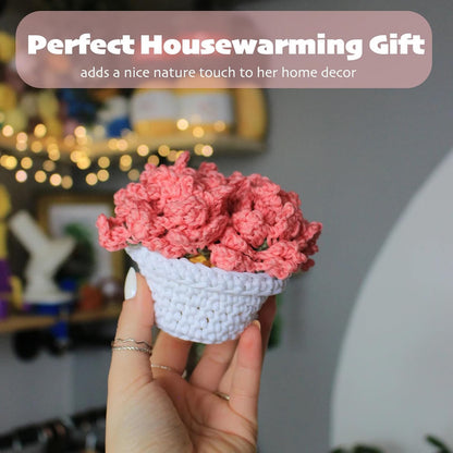 Cute Flower Coasters Set of 4,Funny Pink Crochet Plant Pot Coasters