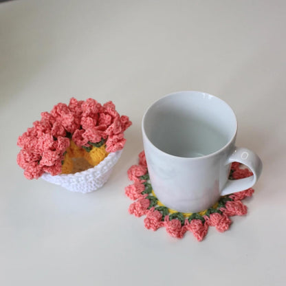 Cute Flower Coasters Set of 4,Funny Pink Crochet Plant Pot Coasters