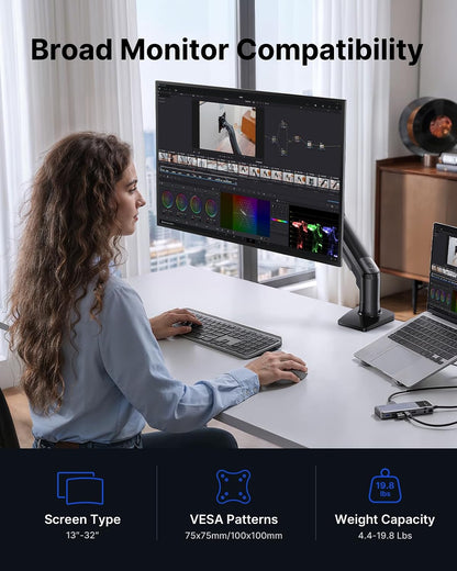 FlowLift™ Single Monitor Mount, 13 to 32 Inch Monitor Arm, Adjustable Monitor Stand, Vesa Mount with Clamp and Grommet Base - Fits 4.4 to 19.8lbs LCD Computer Monitors