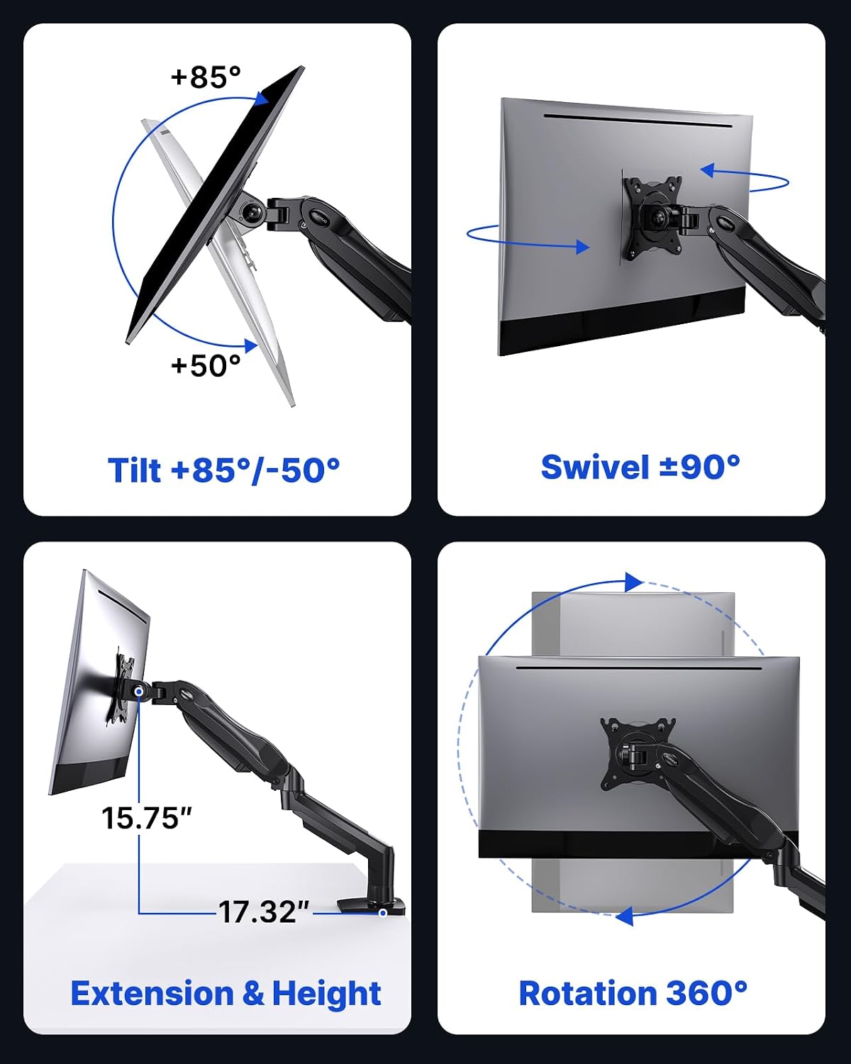 FlowLift™ Single Monitor Mount, 13 to 32 Inch Monitor Arm, Adjustable Monitor Stand, Vesa Mount with Clamp and Grommet Base - Fits 4.4 to 19.8lbs LCD Computer Monitors