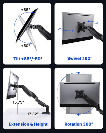 FlowLift™ Single Monitor Mount, 13 to 32 Inch Monitor Arm, Adjustable Monitor Stand, Vesa Mount with Clamp and Grommet Base - Fits 4.4 to 19.8lbs LCD Computer Monitors