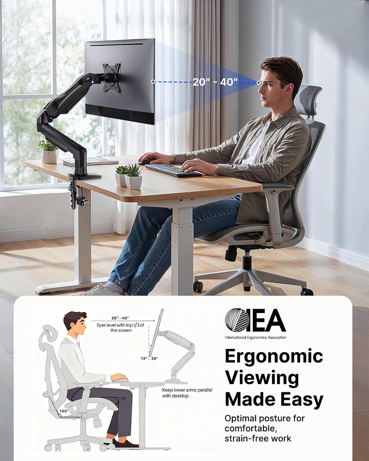 FlowLift™ Single Monitor Mount, 13 to 32 Inch Monitor Arm, Adjustable Monitor Stand, Vesa Mount with Clamp and Grommet Base - Fits 4.4 to 19.8lbs LCD Computer Monitors