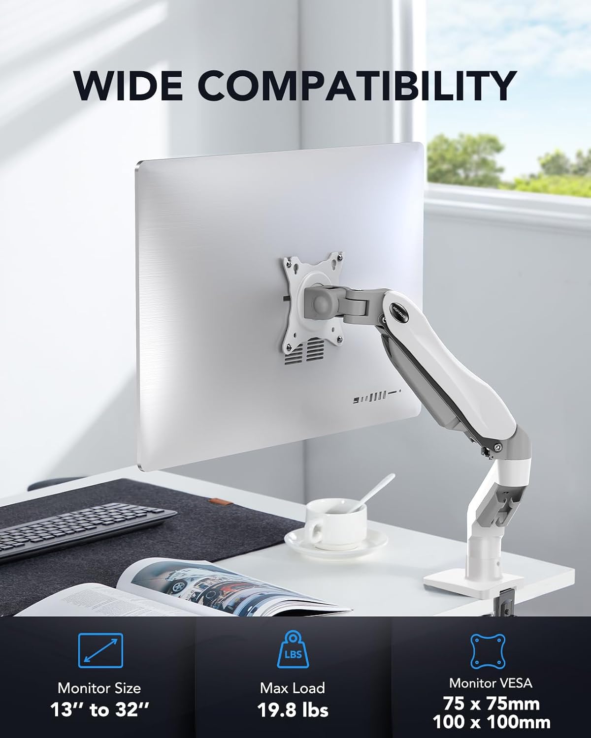 FlowLift™ Single Monitor Mount, 13 to 32 Inch Monitor Arm, Adjustable Monitor Stand, Vesa Mount with Clamp and Grommet Base - Fits 4.4 to 19.8lbs LCD Computer Monitors