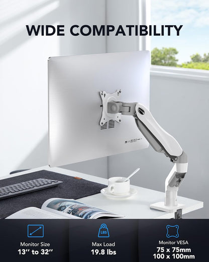 FlowLift™ Single Monitor Mount, 13 to 32 Inch Monitor Arm, Adjustable Monitor Stand, Vesa Mount with Clamp and Grommet Base - Fits 4.4 to 19.8lbs LCD Computer Monitors