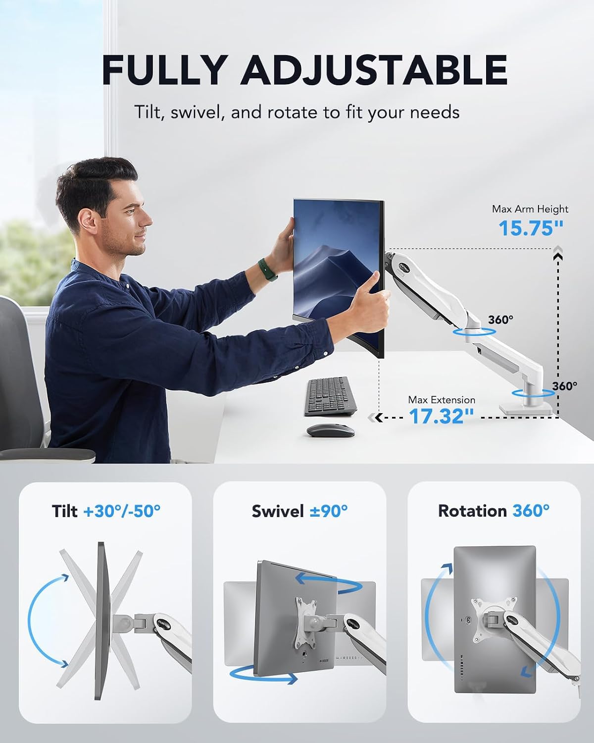 FlowLift™ Single Monitor Mount, 13 to 32 Inch Monitor Arm, Adjustable Monitor Stand, Vesa Mount with Clamp and Grommet Base - Fits 4.4 to 19.8lbs LCD Computer Monitors