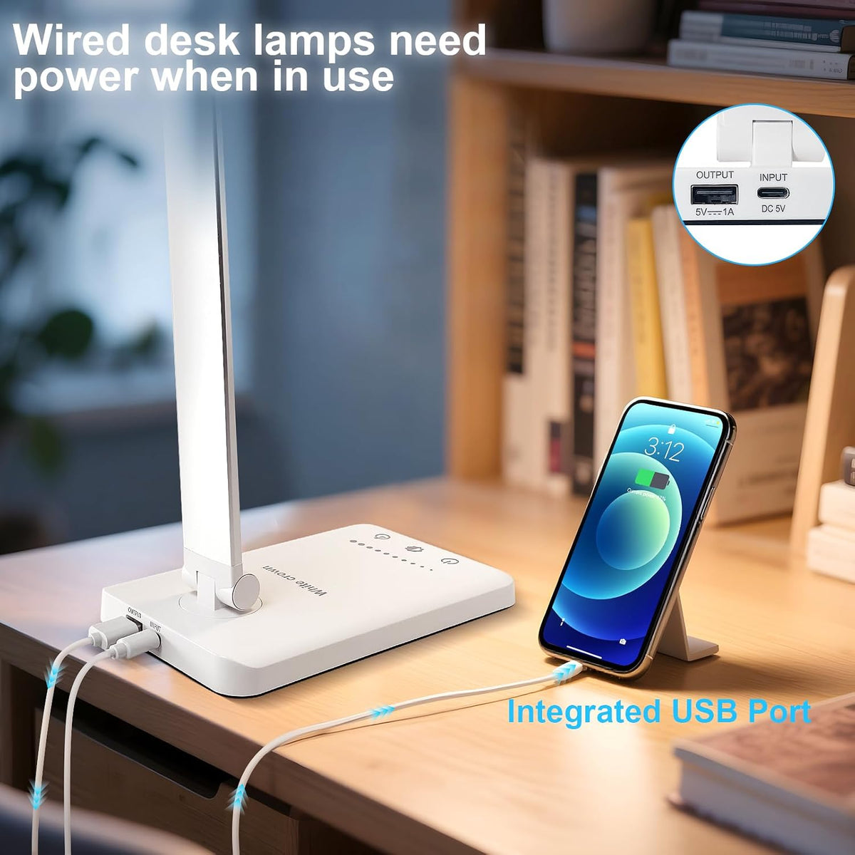 LED Desk Lamp Dimmable Table Lamp Reading Lamp with USB Charging Port, 5 Lighting Modes, Sensitive Control, 30/60 Minutes Timer (White, First-Generation)