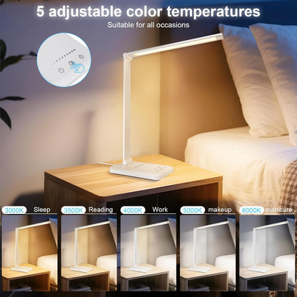LED Desk Lamp Dimmable Table Lamp Reading Lamp with USB Charging Port, 5 Lighting Modes, Sensitive Control, 30/60 Minutes Timer (White, First-Generation)