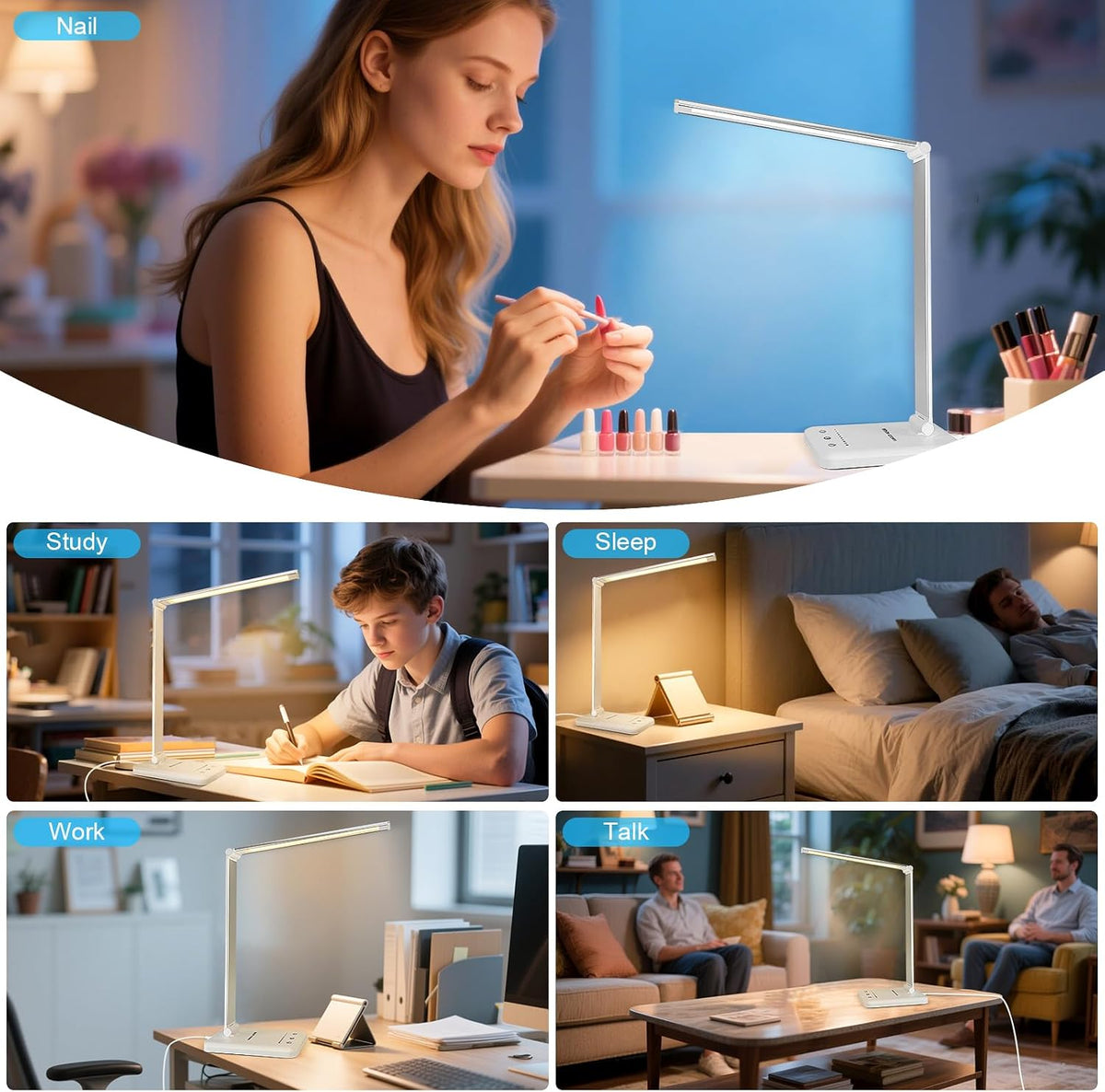 LED Desk Lamp Dimmable Table Lamp Reading Lamp with USB Charging Port, 5 Lighting Modes, Sensitive Control, 30/60 Minutes Timer (White, First-Generation)