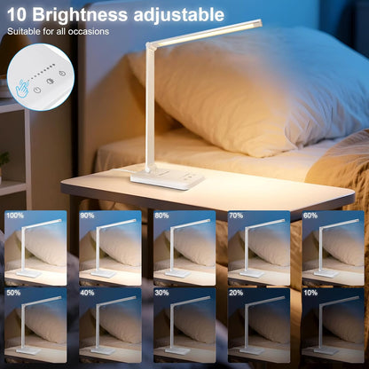 LED Desk Lamp Dimmable Table Lamp Reading Lamp with USB Charging Port, 5 Lighting Modes, Sensitive Control, 30/60 Minutes Timer (White, First-Generation)