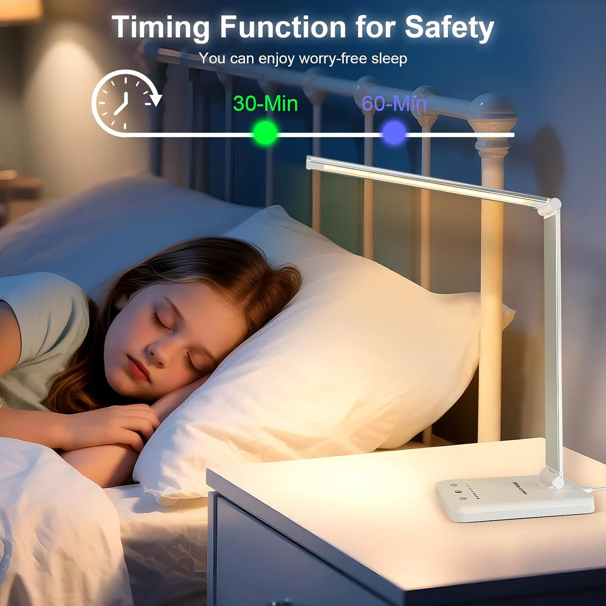 LED Desk Lamp Dimmable Table Lamp Reading Lamp with USB Charging Port, 5 Lighting Modes, Sensitive Control, 30/60 Minutes Timer (White, First-Generation)