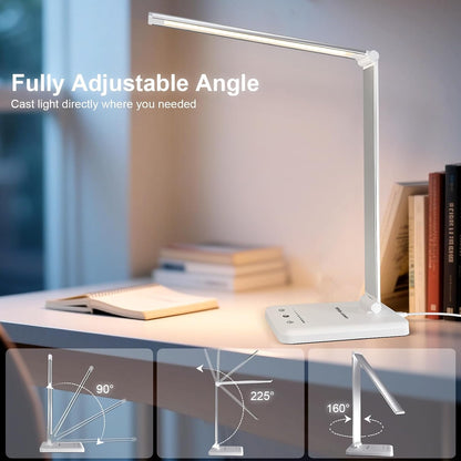 LED Desk Lamp Dimmable Table Lamp Reading Lamp with USB Charging Port, 5 Lighting Modes, Sensitive Control, 30/60 Minutes Timer (White, First-Generation)