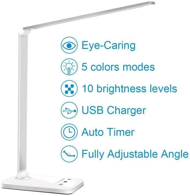 LED Desk Lamp Dimmable Table Lamp Reading Lamp with USB Charging Port, 5 Lighting Modes, Sensitive Control, 30/60 Minutes Timer (White, First-Generation)