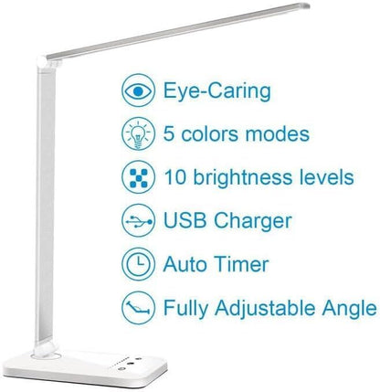LED Desk Lamp Dimmable Table Lamp Reading Lamp with USB Charging Port, 5 Lighting Modes, Sensitive Control, 30/60 Minutes Timer (White, First-Generation)