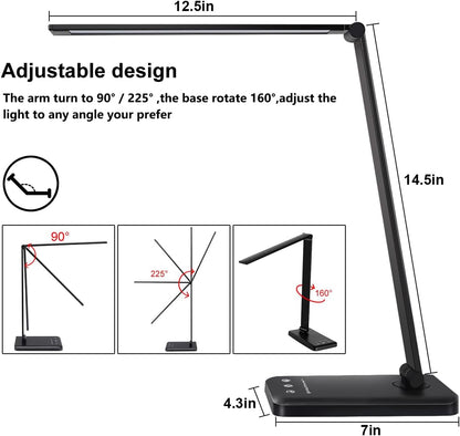 LED Desk Lamp Dimmable Table Lamp Reading Lamp with USB Charging Port, 5 Lighting Modes, Sensitive Control, 30/60 Minutes Timer (White, First-Generation)