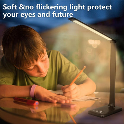 LED Desk Lamp Dimmable Table Lamp Reading Lamp with USB Charging Port, 5 Lighting Modes, Sensitive Control, 30/60 Minutes Timer (White, First-Generation)