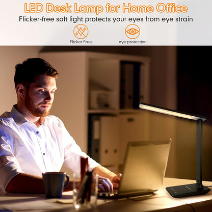 LED Desk Lamp Dimmable Table Lamp Reading Lamp with USB Charging Port, 5 Lighting Modes, Sensitive Control, 30/60 Minutes Timer (White, First-Generation)