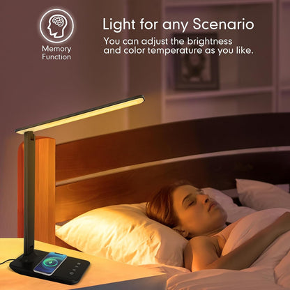 LED Desk Lamp Dimmable Table Lamp Reading Lamp with USB Charging Port, 5 Lighting Modes, Sensitive Control, 30/60 Minutes Timer (White, First-Generation)