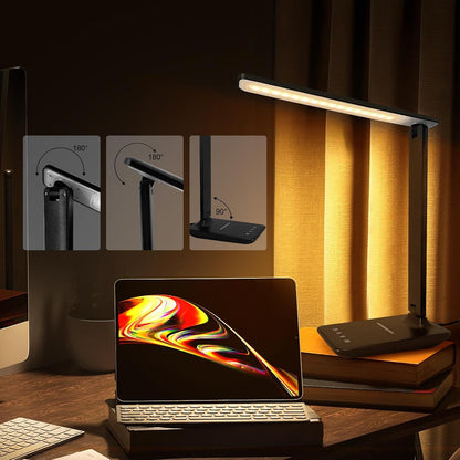 LED Desk Lamp Dimmable Table Lamp Reading Lamp with USB Charging Port, 5 Lighting Modes, Sensitive Control, 30/60 Minutes Timer (White, First-Generation)