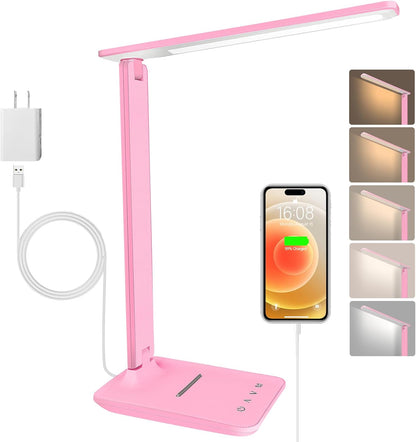 LED Desk Lamp Dimmable Table Lamp Reading Lamp with USB Charging Port, 5 Lighting Modes, Sensitive Control, 30/60 Minutes Timer (White, First-Generation)