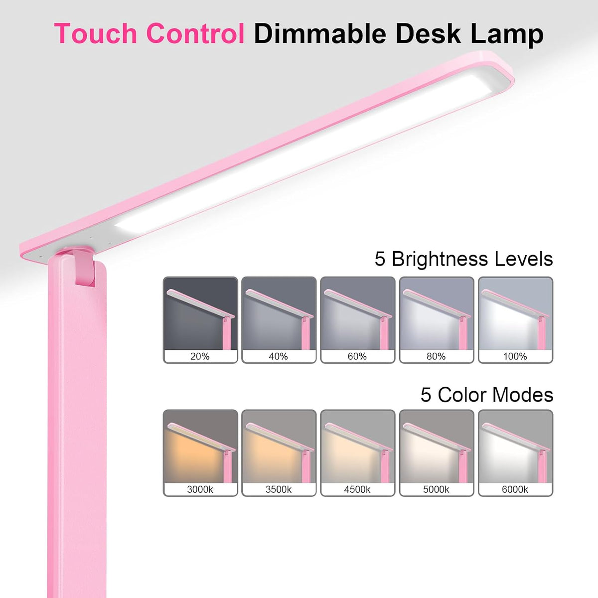 LED Desk Lamp Dimmable Table Lamp Reading Lamp with USB Charging Port, 5 Lighting Modes, Sensitive Control, 30/60 Minutes Timer (White, First-Generation)