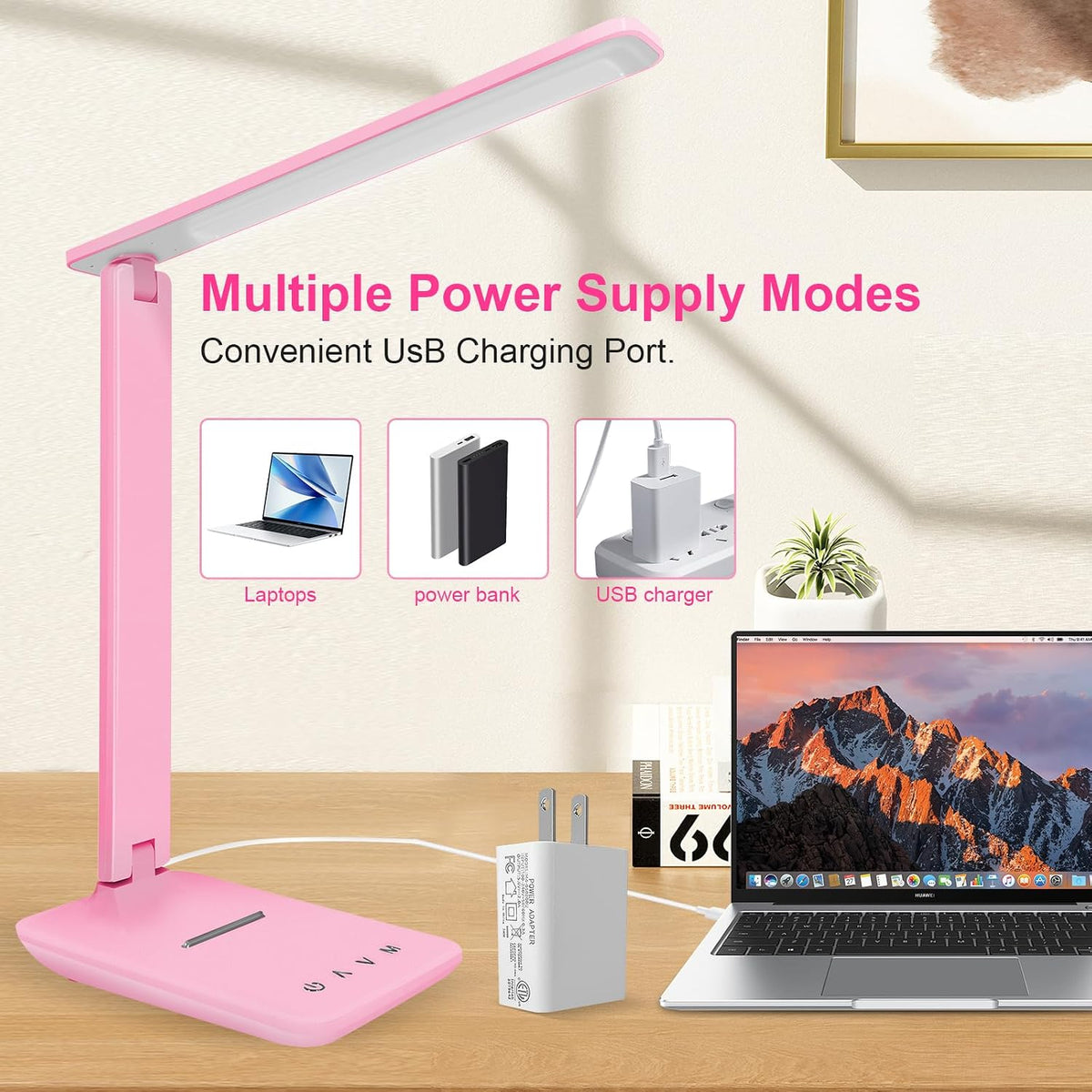 LED Desk Lamp Dimmable Table Lamp Reading Lamp with USB Charging Port, 5 Lighting Modes, Sensitive Control, 30/60 Minutes Timer (White, First-Generation)