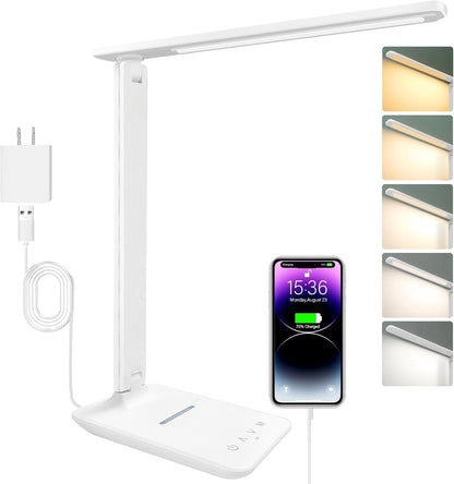 LED Desk Lamp Dimmable Table Lamp Reading Lamp with USB Charging Port, 5 Lighting Modes, Sensitive Control, 30/60 Minutes Timer (White, First-Generation)