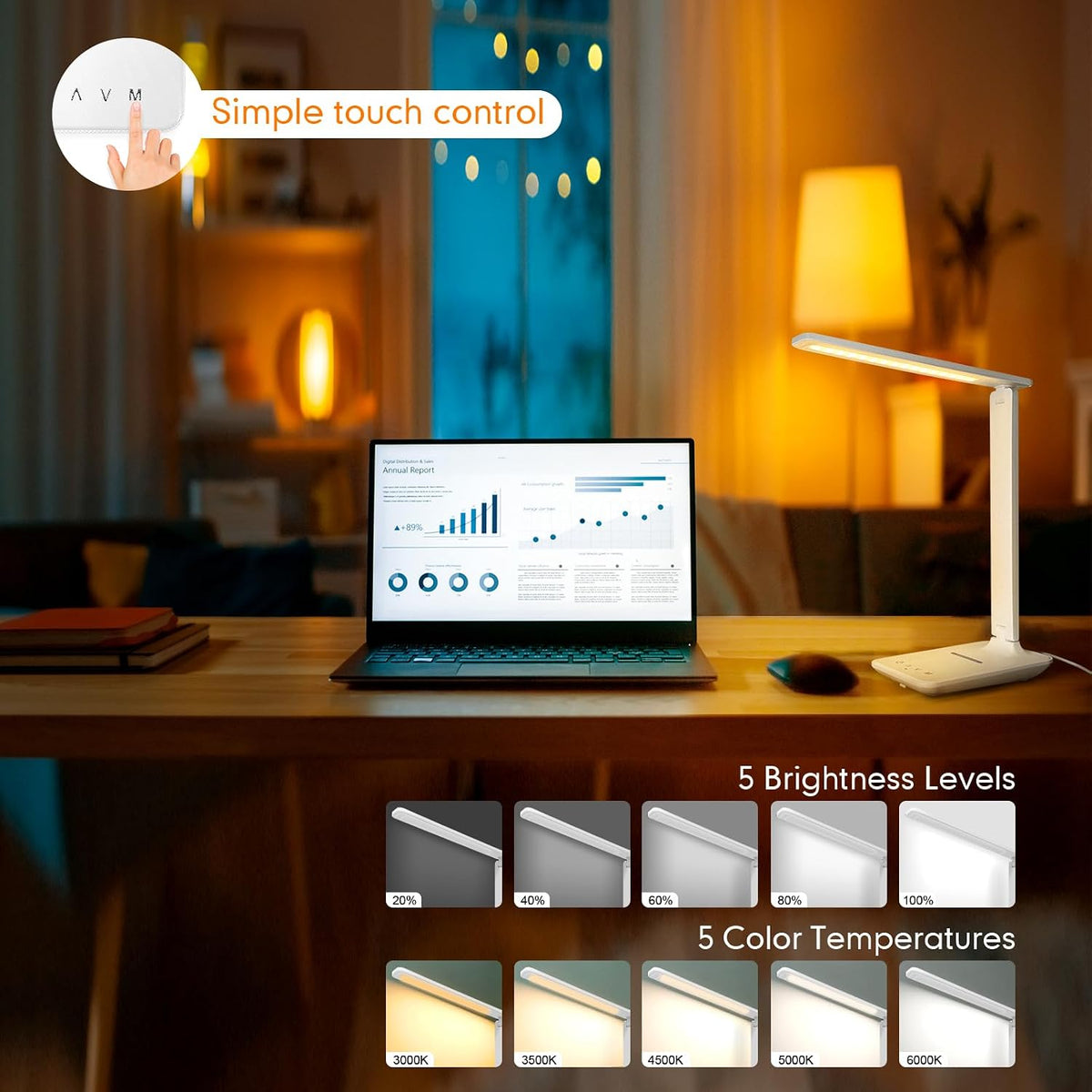 LED Desk Lamp Dimmable Table Lamp Reading Lamp with USB Charging Port, 5 Lighting Modes, Sensitive Control, 30/60 Minutes Timer (White, First-Generation)