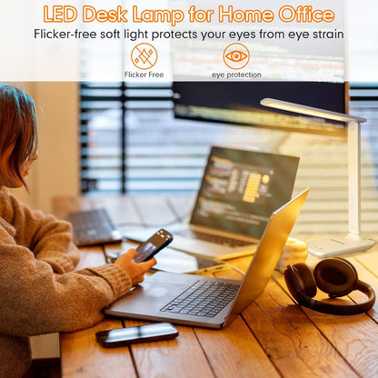 LED Desk Lamp Dimmable Table Lamp Reading Lamp with USB Charging Port, 5 Lighting Modes, Sensitive Control, 30/60 Minutes Timer (White, First-Generation)