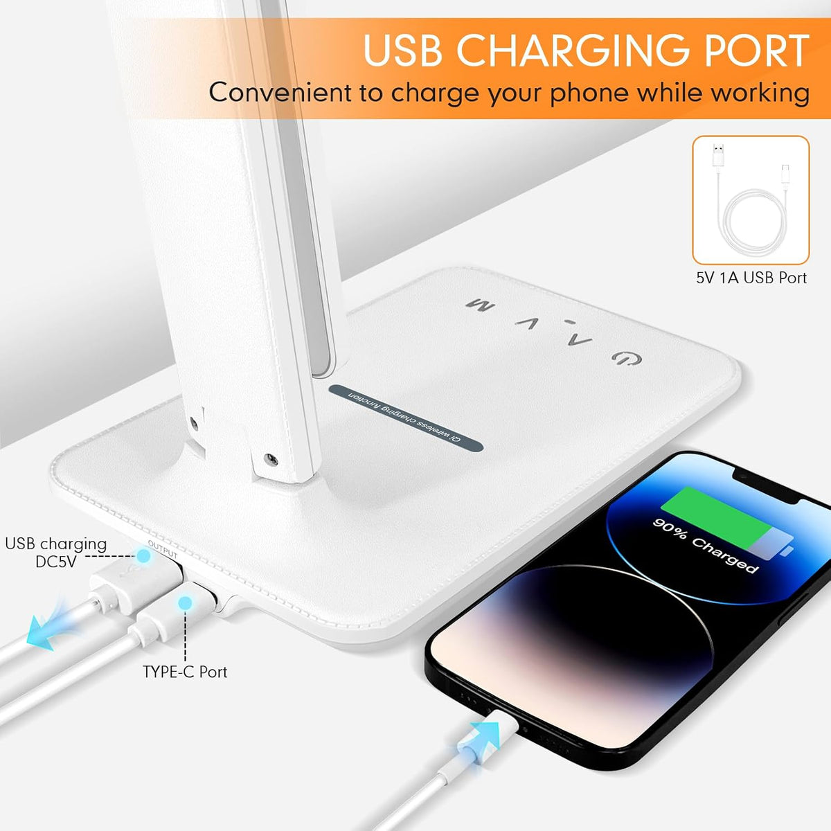 LED Desk Lamp Dimmable Table Lamp Reading Lamp with USB Charging Port, 5 Lighting Modes, Sensitive Control, 30/60 Minutes Timer (White, First-Generation)