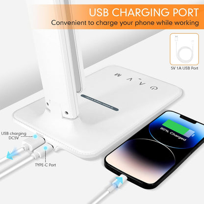 LED Desk Lamp Dimmable Table Lamp Reading Lamp with USB Charging Port, 5 Lighting Modes, Sensitive Control, 30/60 Minutes Timer (White, First-Generation)