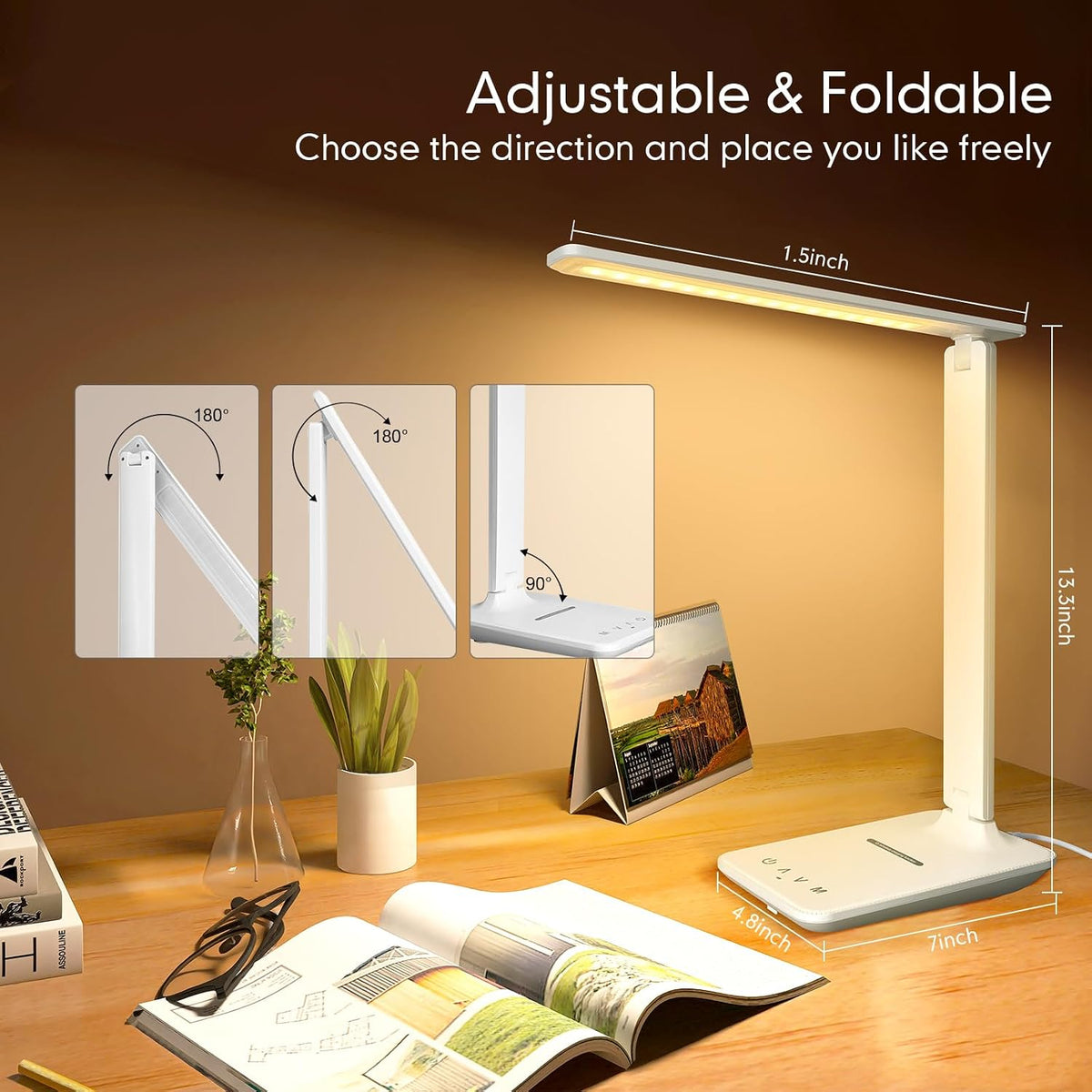 LED Desk Lamp Dimmable Table Lamp Reading Lamp with USB Charging Port, 5 Lighting Modes, Sensitive Control, 30/60 Minutes Timer (White, First-Generation)