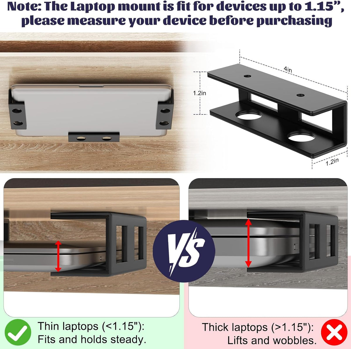 Under Desk Laptop Mount with Anti-Scratch Felt Board Under Desk Laptop Holder Tray Durable Under Desk Shelf for Laptop Thick up to 1.15”