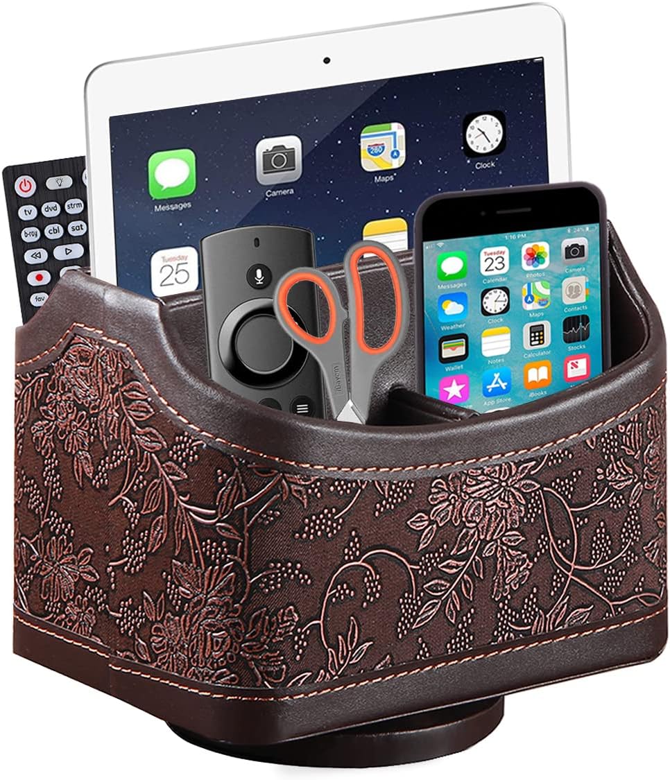 PU Leather Remote Control Holder,360 Degree Spinning Desk TV Remote Caddy,Desk Organizers and Accessories,for Controller,Media,Mail,Calculator,Mobile Phone,Pen Storage Holder(Beige)