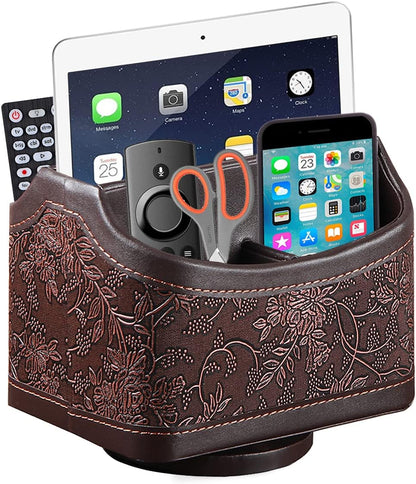 PU Leather Remote Control Holder,360 Degree Spinning Desk TV Remote Caddy,Desk Organizers and Accessories,for Controller,Media,Mail,Calculator,Mobile Phone,Pen Storage Holder(Beige)