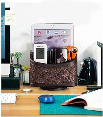 PU Leather Remote Control Holder,360 Degree Spinning Desk TV Remote Caddy,Desk Organizers and Accessories,for Controller,Media,Mail,Calculator,Mobile Phone,Pen Storage Holder(Beige)