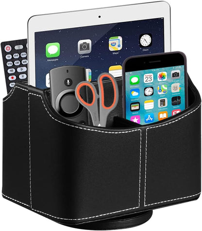 PU Leather Remote Control Holder,360 Degree Spinning Desk TV Remote Caddy,Desk Organizers and Accessories,for Controller,Media,Mail,Calculator,Mobile Phone,Pen Storage Holder(Beige)