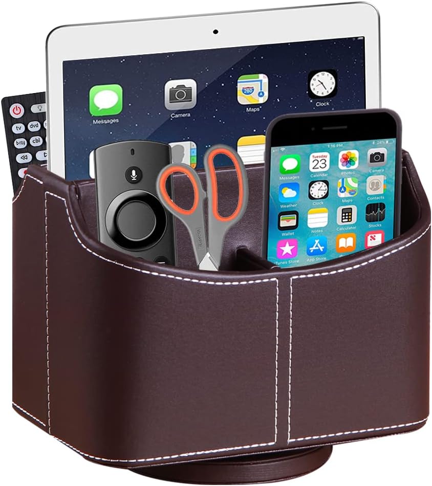 PU Leather Remote Control Holder,360 Degree Spinning Desk TV Remote Caddy,Desk Organizers and Accessories,for Controller,Media,Mail,Calculator,Mobile Phone,Pen Storage Holder(Beige)
