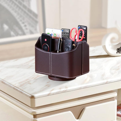 PU Leather Remote Control Holder,360 Degree Spinning Desk TV Remote Caddy,Desk Organizers and Accessories,for Controller,Media,Mail,Calculator,Mobile Phone,Pen Storage Holder(Beige)