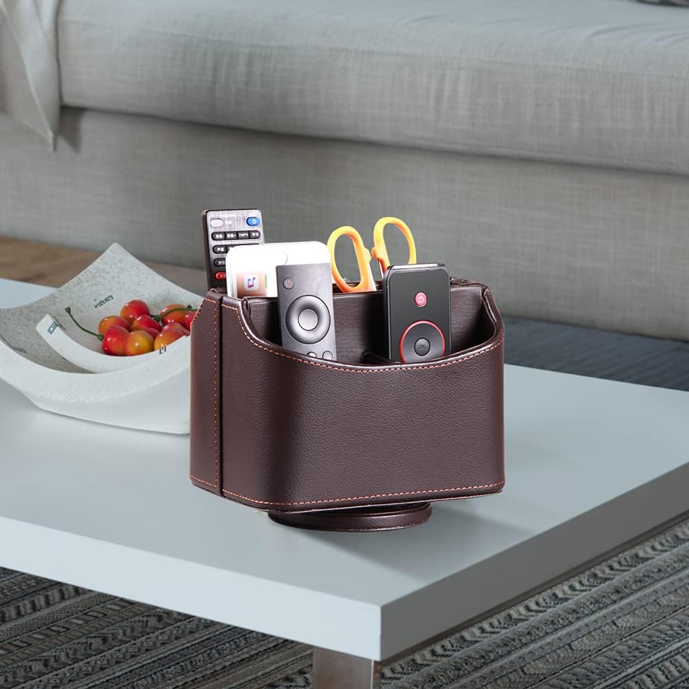 PU Leather Remote Control Holder,360 Degree Spinning Desk TV Remote Caddy,Desk Organizers and Accessories,for Controller,Media,Mail,Calculator,Mobile Phone,Pen Storage Holder(Beige)