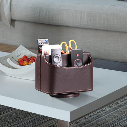 PU Leather Remote Control Holder,360 Degree Spinning Desk TV Remote Caddy,Desk Organizers and Accessories,for Controller,Media,Mail,Calculator,Mobile Phone,Pen Storage Holder(Beige)