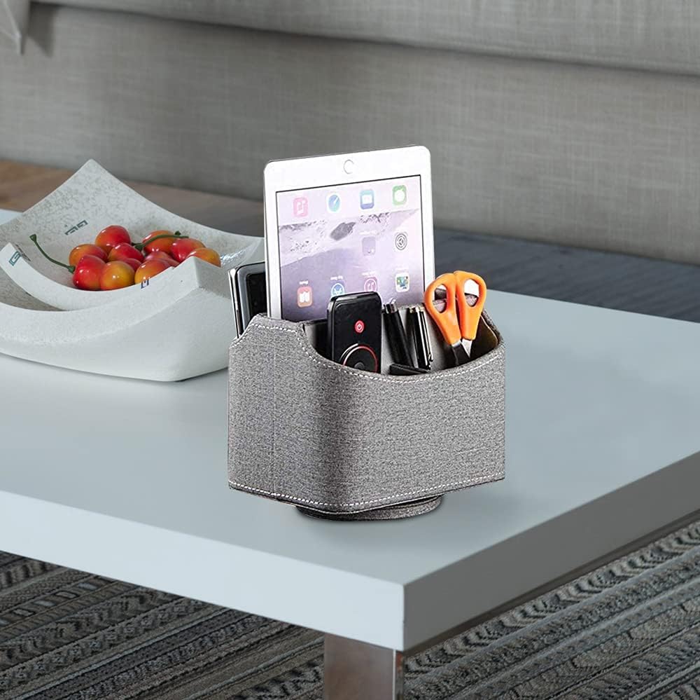 PU Leather Remote Control Holder,360 Degree Spinning Desk TV Remote Caddy,Desk Organizers and Accessories,for Controller,Media,Mail,Calculator,Mobile Phone,Pen Storage Holder(Beige)