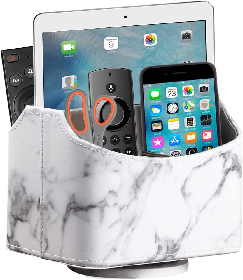 PU Leather Remote Control Holder,360 Degree Spinning Desk TV Remote Caddy,Desk Organizers and Accessories,for Controller,Media,Mail,Calculator,Mobile Phone,Pen Storage Holder(Beige)