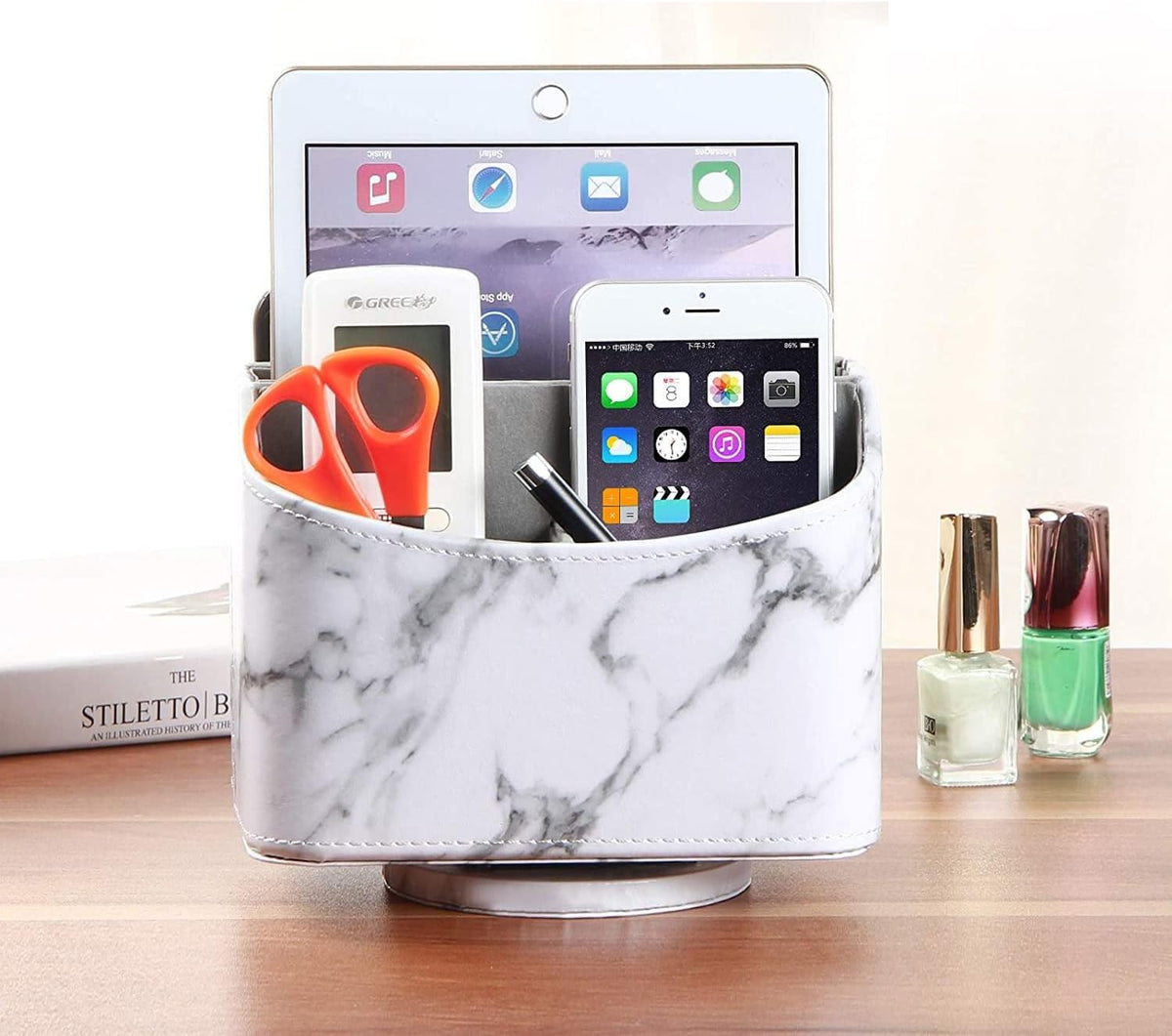 PU Leather Remote Control Holder,360 Degree Spinning Desk TV Remote Caddy,Desk Organizers and Accessories,for Controller,Media,Mail,Calculator,Mobile Phone,Pen Storage Holder(Beige)