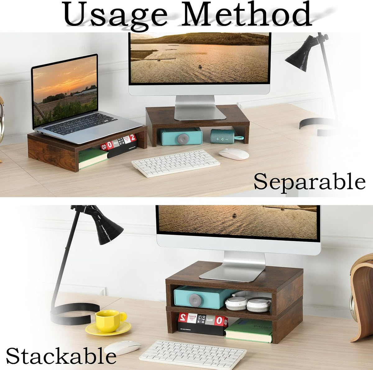 2-Pack Wood Monitor Riser, Desk Stand for 2 Monitors, Rustic Brown