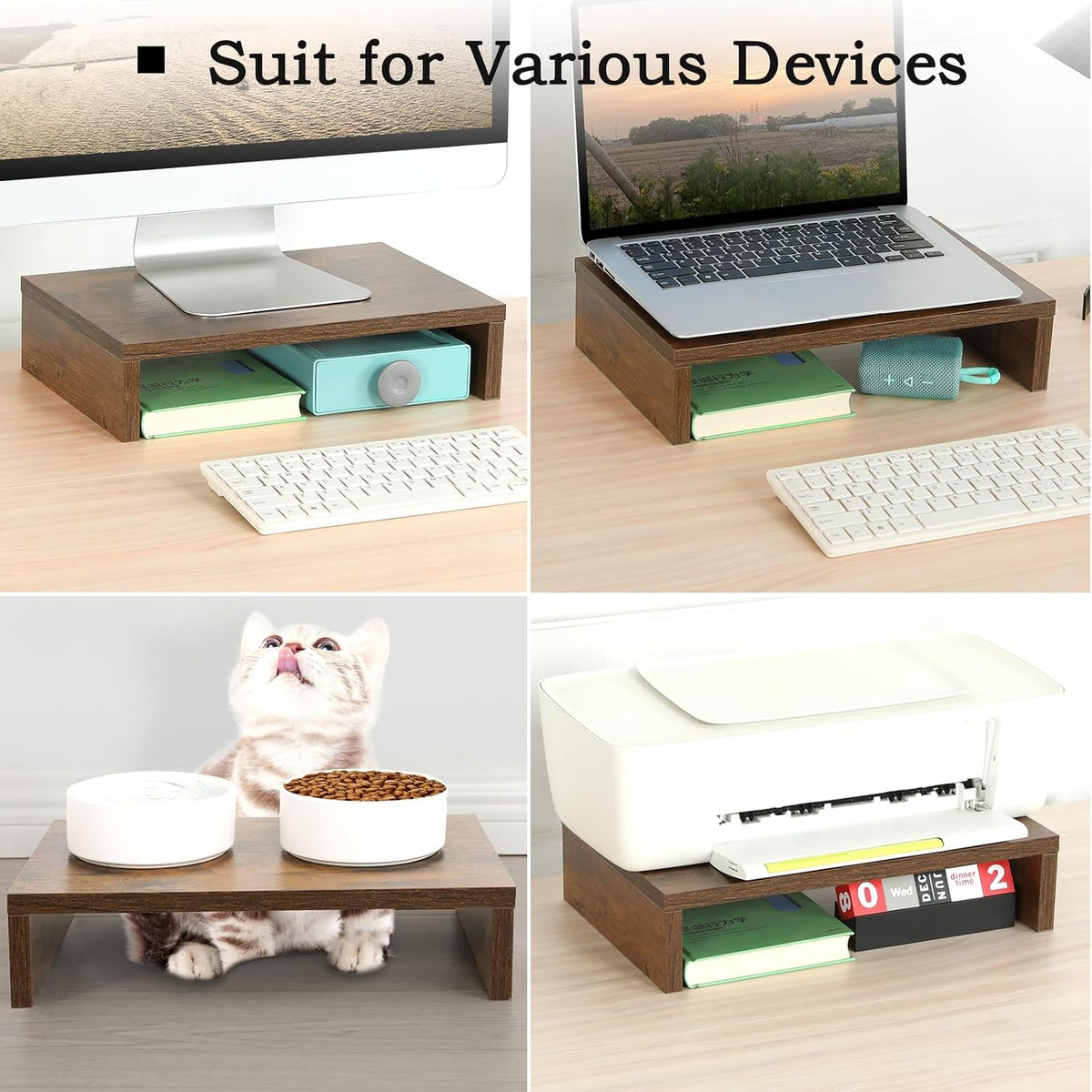 2-Pack Wood Monitor Riser, Desk Stand for 2 Monitors, Rustic Brown