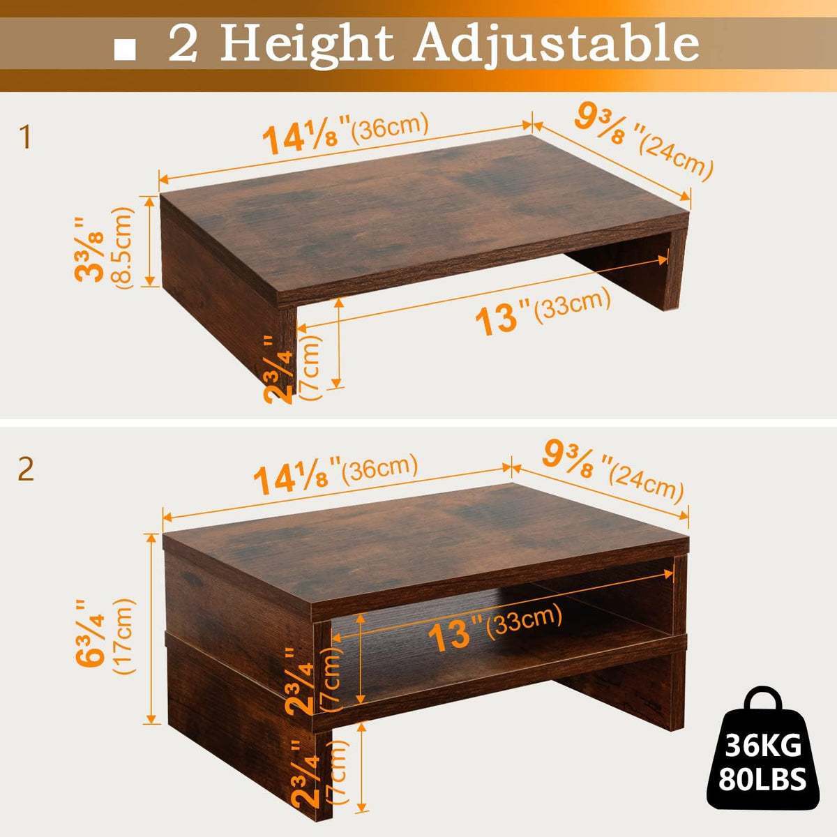 2-Pack Wood Monitor Riser, Desk Stand for 2 Monitors, Rustic Brown