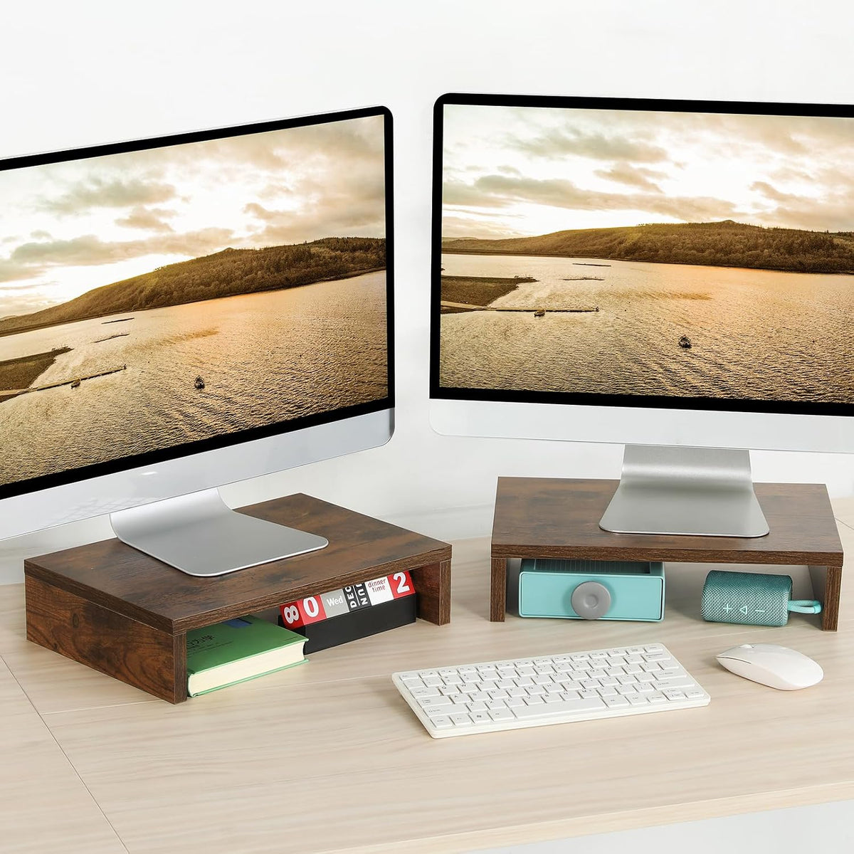 2-Pack Wood Monitor Riser, Desk Stand for 2 Monitors, Rustic Brown