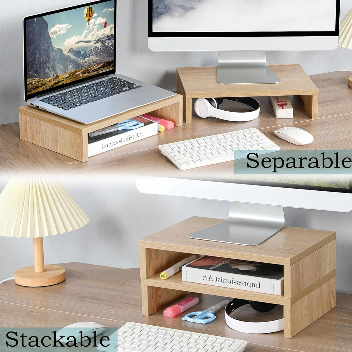 2-Pack Wood Monitor Riser, Desk Stand for 2 Monitors, Rustic Brown