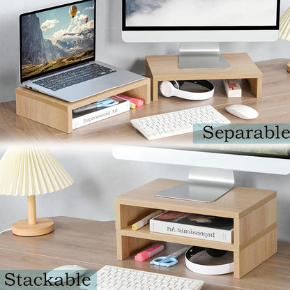 2-Pack Wood Monitor Riser, Desk Stand for 2 Monitors, Rustic Brown