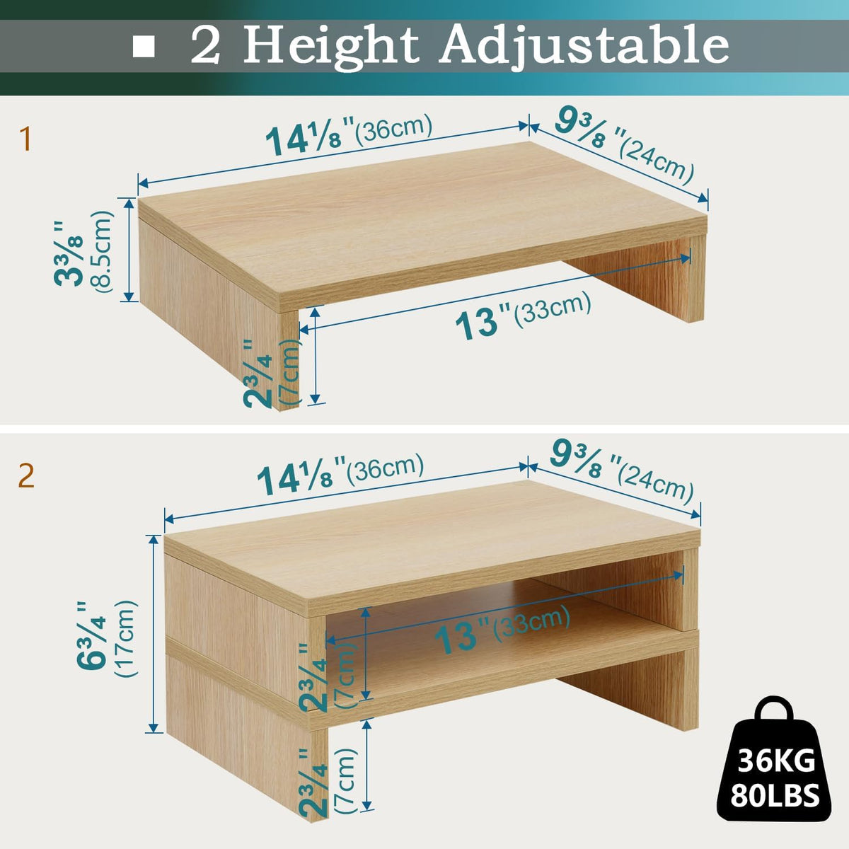 2-Pack Wood Monitor Riser, Desk Stand for 2 Monitors, Rustic Brown